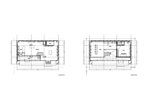 Two floor plans of an open concept living area with traditional and modern designs, featuring wood flooring, white walls, and furniture