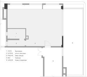 2D floor plan of a modern house with various rooms and spaces labeled in English and Chinese, featuring clean lines and minimalistic design elements