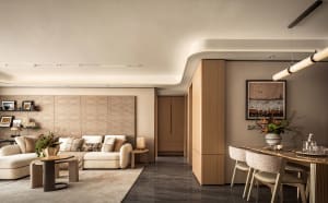 Open modern living space with a large couch, two chairs, a dining table, and a vase, featuring a comfortable and inviting atmosphere
