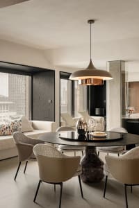 Cozy modern living space with a dining table, chairs, couch, and potted plant, featuring a functional and inviting design