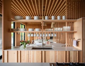 Warm and inviting kitchen with wooden cabinets and countertops, featuring decorative vases and functional organization