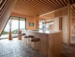 Open modern kitchen and dining area with wooden cabinets, two sinks, and a large dining table surrounded by chairs