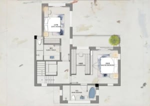 Modern house with white walls, clean lines, and minimalistic elements, featuring a bathroom, bedroom, living room, and dining area