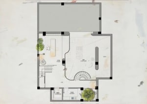 Modern minimalist home interior with a living area, dining table, kitchen, and potted plants, featuring clean lines and simple furnishings in a bright and inviting atmosphere