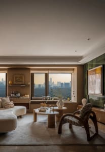 Modern living room with hardwood floors, a couch, chairs, tables, and a large window overlooking the city skyline