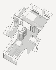 Empty black and white floor plan showing a minimalist home layout with a kitchen, dining area, and living room, featuring chairs and a focus on basic layout and furnishings