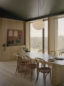 A warm and inviting dining area with a wooden table surrounded by chairs and a potted plant, suggesting a space for gatherings and meals