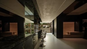 Elegant kitchen with a black marble countertop, natural light, chairs, dining table, sink area, and potted plants