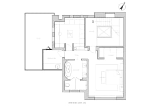 A modern interior design featuring white walls and floors, with a clean and minimalist aesthetic