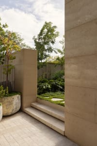 A serene outdoor garden area with a concrete wall, staircase, and lush greenery, featuring potted plants and a harmonious balance between nature and architecture