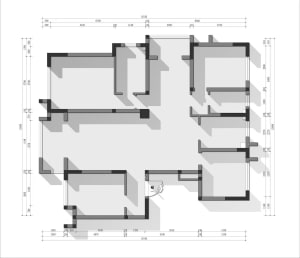 Large open area with multiple rooms and hallways, concrete walls, and linework labels and measurements