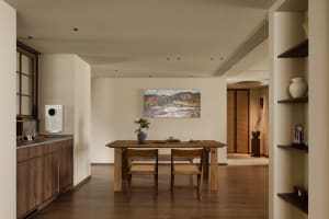 Warm and inviting open concept living space with a wooden dining table, chairs, and a potted plant