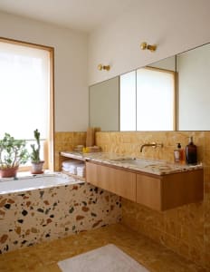 Bathroom with a sink, mirror, and shower area, featuring a potted plant and two bottles on the countertop