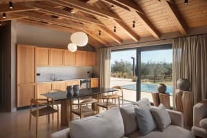 Open living area with wooden floors and cabinets, featuring a dining table, couches, and decorative vases and a bowl