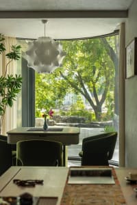 A cozy dining area with a wooden table and green cushioned chairs, natural light, and a potted plant near the window
