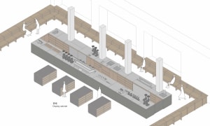 Detailed floor plan of a modern restaurant with a large dining area, kitchen, and high-quality materials