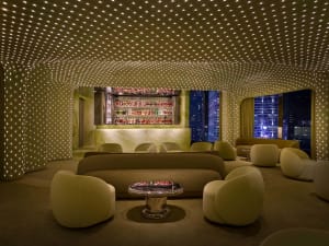 A modern bar and lounge area with a well-stocked bar, comfortable seating, and dim lighting, featuring potted plants and a cozy atmosphere