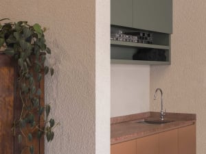 A small kitchen with a white wall, green cabinet, and a metal sink on the right, accompanied by a green potted plant on the left, creating a cozy and inviting atmosphere