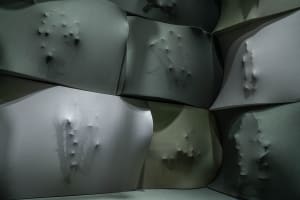 A large, open room with a concrete wall featuring small holes, scattered plants, and a minimalist industrial atmosphere