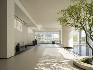 Large modern office space with a glass wall, an atrium, and a tree, filled with natural light