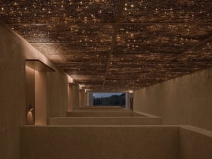 A dimly lit hallway with brown and tan walls, lined with rooms and doorways, creating a cozy and inviting atmosphere