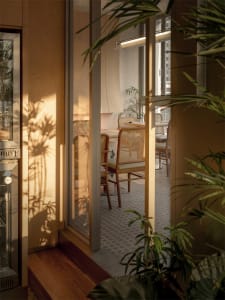 A well-lit living room with a chair, dining table, and potted plant, featuring a comfortable and inviting atmosphere