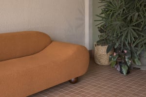 A well-lit living room with a brown couch and a potted plant, creating a comfortable and inviting atmosphere