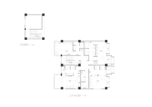 Black and white floor plan of a modern residential building with clean lines, minimalistic design, and a warm and natural feel