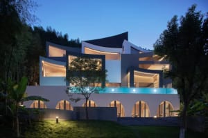 A modern building with a white exterior and a blue rooftop pool surrounded by a deck, set against a soft and diffused background