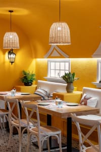 Dining area with yellow walls, white furniture, and potted plants, illuminated by natural light