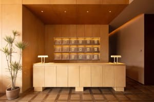 A dimly lit kitchen with a wooden cabinet and counter, creating a cozy atmosphere