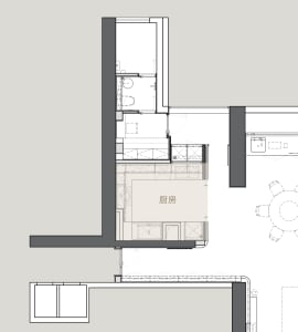 2D floor plan of a modern restaurant with a kitchen and dining area, featuring white and gray tones, linework, and labels