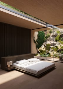 Cozy modern bedroom with a bed near a large window, a bench in the corner, and a well-lit atmosphere