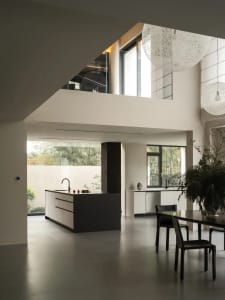 Modern kitchen with a dining area, featuring white walls, grey countertops, and wood flooring, with a potted plant and vase adding a touch of greenery and elegance