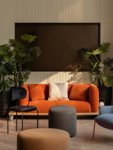 Cozy modern living space with an orange couch, a black chair, a potted plant, and a mounted TV in a well-lit room
