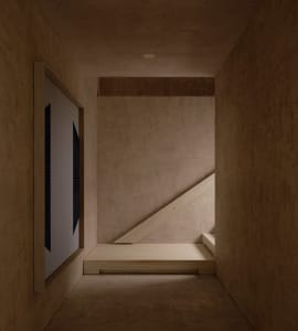 Dimly lit room with a wooden floor and staircase in the corner, minimalist style