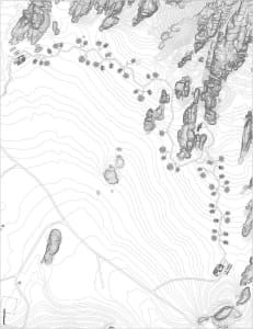 Black and white drawing of a mountainous landscape with a large mountain and valley surrounded by smaller mountains