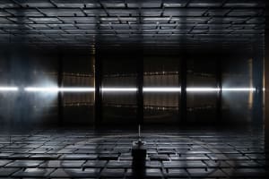 A dark and empty room with a metal pole in the center, creating a sense of simplicity and emptiness