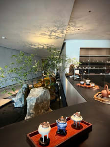 A kitchen with a black countertop, a tree in the corner, and a cozy atmosphere