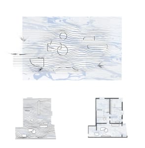 Top-down view of a modern residential building floor plan with clean lines, minimalistic design, and natural lighting