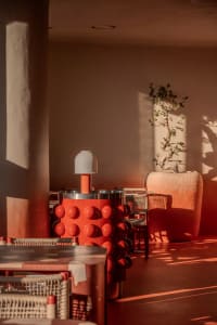 Cozy dining space with red walls, wooden furniture, and a potted plant, lit by dim lighting