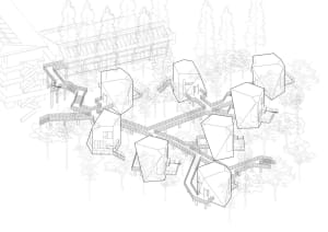 Black and white floor plan of a minimalist residential house with multiple rooms