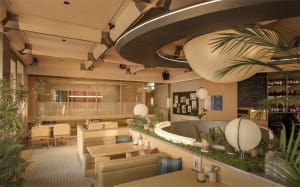 cozy restaurant interior with a circular dining table, potted plants, and a mix of natural and artificial lighting