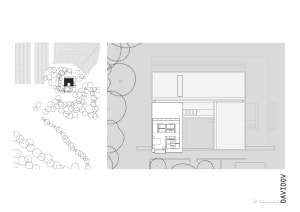 Black and white photo of a modern house with a kitchen, living room, and dining room, featuring concrete and glass materials, dim lighting, and a cozy atmosphere