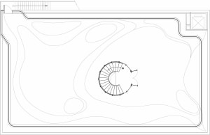 Black and white floor plan of a circular lobby with a spiral staircase in the center, surrounded by a circular area