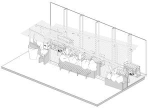 2D top-down schematic of a restaurant patio with a bench, dining table, and potted plants in a clean and organized layout