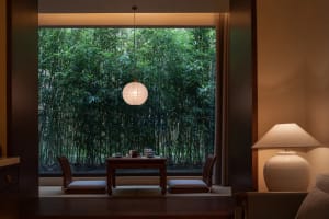 A dining room with a wooden table and chairs, a lamp, and a window with a forest view, creating a warm and inviting atmosphere