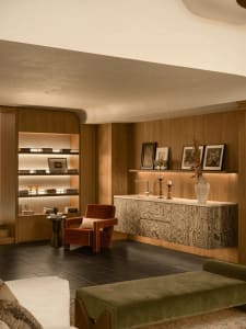 Cozy living room with a wooden floor, a chair, a couch, and a sink, featuring dim lighting and a modern style