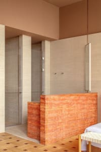 Bathroom with a red-orange marble countertop, modern design, and warm inviting atmosphere
