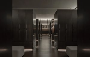 A dimly lit hallway with dark wood cabinets and doors, creating a classic and elegant atmosphere